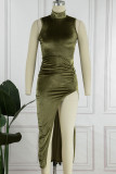 Black Sexy Solid Patchwork Slit Fold Half A Turtleneck Pencil Skirt Dresses