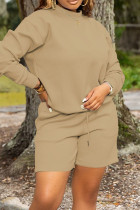 Khaki Casual Solid Patchwork O Neck Long Sleeve Two Pieces