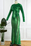 Green Sexy Solid Sequins Patchwork O Neck Long Sleeve Two Pieces