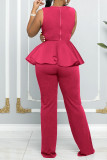 Blue Casual Solid Patchwork Flounce O Neck Straight Jumpsuits