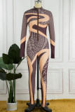 Brown Sexy Print Patchwork Zipper Collar Skinny Jumpsuits