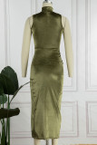 Black Sexy Solid Patchwork Slit Fold Half A Turtleneck Pencil Skirt Dresses
