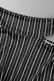 Black Sexy Street Striped Print Hollowed Out Patchwork Asymmetrical Turndown Collar Long Sleeve Two Pieces