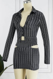 Black Sexy Street Striped Print Hollowed Out Patchwork Asymmetrical Turndown Collar Long Sleeve Two Pieces