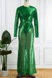 Green Sexy Solid Sequins Patchwork O Neck Long Sleeve Two Pieces