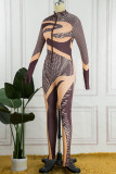 Brown Sexy Print Patchwork Zipper Collar Skinny Jumpsuits