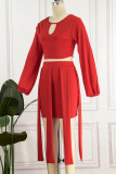 Red Casual Solid Hollowed Out Patchwork Asymmetrical O Neck Long Sleeve Two Pieces