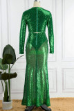 Green Sexy Solid Sequins Patchwork O Neck Long Sleeve Two Pieces