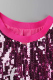 Rose Red Casual Solid Sequins Patchwork Flounce O Neck Straight Dresses