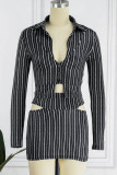 Black Sexy Street Striped Print Hollowed Out Patchwork Asymmetrical Turndown Collar Long Sleeve Two Pieces
