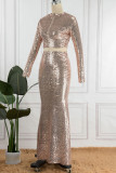 Green Sexy Solid Sequins Patchwork O Neck Long Sleeve Two Pieces