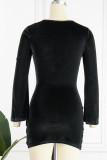 Black Sexy Solid Hollowed Out Patchwork Fold O Neck One Step Skirt Dresses