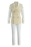 Khaki Casual Solid Patchwork Buttons Turn-back Collar Long Sleeve Two Pieces