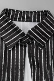 Black Sexy Street Striped Print Hollowed Out Patchwork Asymmetrical Turndown Collar Long Sleeve Two Pieces