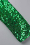 Green Sexy Solid Sequins Patchwork O Neck Long Sleeve Two Pieces