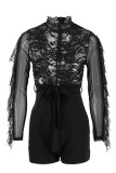 Black Sexy Solid Hollowed Out Patchwork See-through Half A Turtleneck Regular Rompers