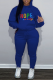 Blue Street Print Draw String Hooded Collar Plus Size Two Pieces