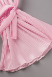 Pink Sexy Solid Bandage Patchwork V Neck Long Sleeve Two Pieces