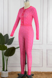 Rose Red Sexy Print Buckle O Neck Long Sleeve Two Pieces