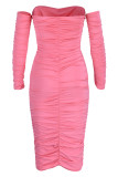 Pink Sexy Solid Patchwork Fold Asymmetrical Off the Shoulder Pencil Skirt Dresses