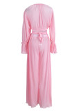 Pink Sexy Solid Bandage Patchwork V Neck Long Sleeve Two Pieces