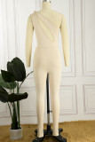 Coffee Sexy Solid Hollowed Out One Shoulder Skinny Jumpsuits