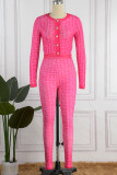 Rose Red Sexy Print Buckle O Neck Long Sleeve Two Pieces