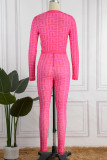 Rose Red Sexy Print Buckle O Neck Long Sleeve Two Pieces