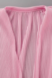 Pink Sexy Solid Bandage Patchwork V Neck Long Sleeve Two Pieces