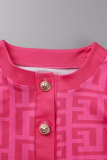 Rose Red Sexy Print Buckle O Neck Long Sleeve Two Pieces