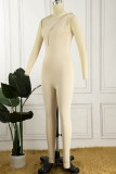 Coffee Sexy Solid Hollowed Out One Shoulder Skinny Jumpsuits