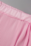 Pink Sexy Solid Bandage Patchwork V Neck Long Sleeve Two Pieces