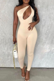 Coffee Sexy Solid Hollowed Out One Shoulder Skinny Jumpsuits