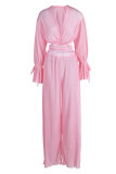 Pink Sexy Solid Bandage Patchwork V Neck Long Sleeve Two Pieces