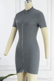White Sexy Solid Zipper Zipper Collar Pencil Skirt Dresses