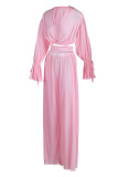 Pink Sexy Solid Bandage Patchwork V Neck Long Sleeve Two Pieces