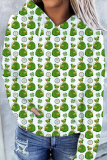 Grass Green Casual Print Patchwork Draw String Hooded Collar Tops