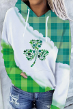 White Green Street Print Patchwork Draw String Hooded Collar Tops