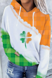 White Green Street Print Patchwork Draw String Hooded Collar Tops