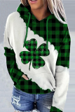 Green White Street Print Patchwork Draw String Hooded Collar Tops