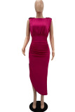 Blue Casual Solid Patchwork Slit Fold Asymmetrical O Neck Straight Dresses