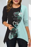 Purple Casual Print Patchwork O Neck Tops
