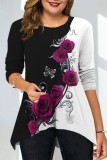 Purple Casual Print Patchwork O Neck Tops