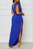Blue Casual Solid Patchwork Slit Fold Asymmetrical O Neck Straight Dresses