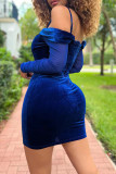 Blue Sexy Solid Patchwork Backless Off the Shoulder Long Sleeve Dresses