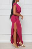Blue Casual Solid Patchwork Slit Fold Asymmetrical O Neck Straight Dresses
