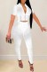 White Sexy Patchwork Hot Drilling See-through Zipper Collar Short Sleeve Two Pieces