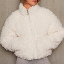 Cream White Casual Solid Patchwork Basic Zipper Collar Outerwear