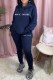 Navy Blue Casual Print Letter Hooded Collar Long Sleeve Two Pieces