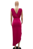 Blue Casual Solid Patchwork Slit Fold Asymmetrical O Neck Straight Dresses